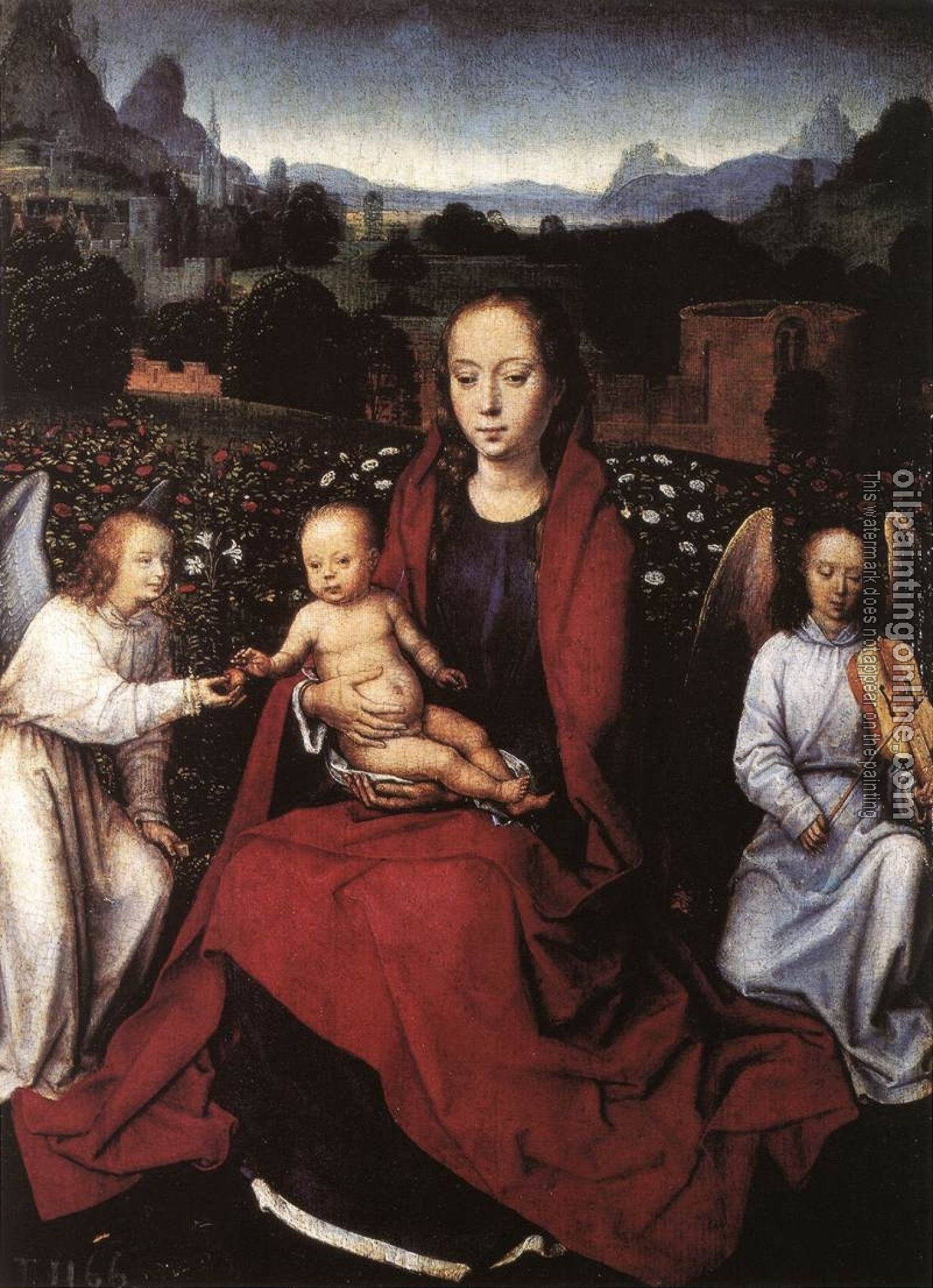 Memling, Hans - Virgin and Child in a Rose-Garden with Two Angels